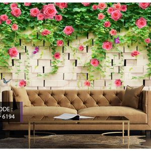 پوستر دیواری طرح دیوار آجری با گلهای صورتی کد N-6194