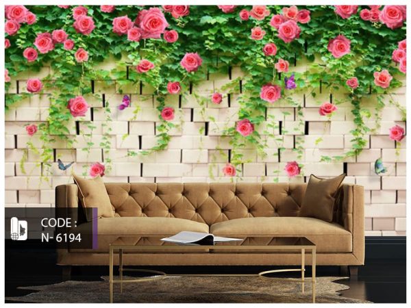 پوستر دیواری طرح دیوار آجری با گلهای صورتی کد N-6194