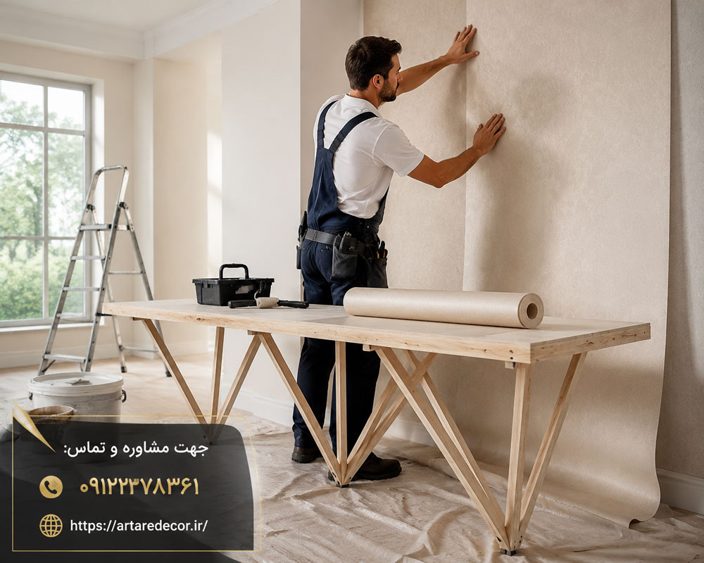 میز چوبی نصب کاغذدیواری عرض 53 سانتیمتر