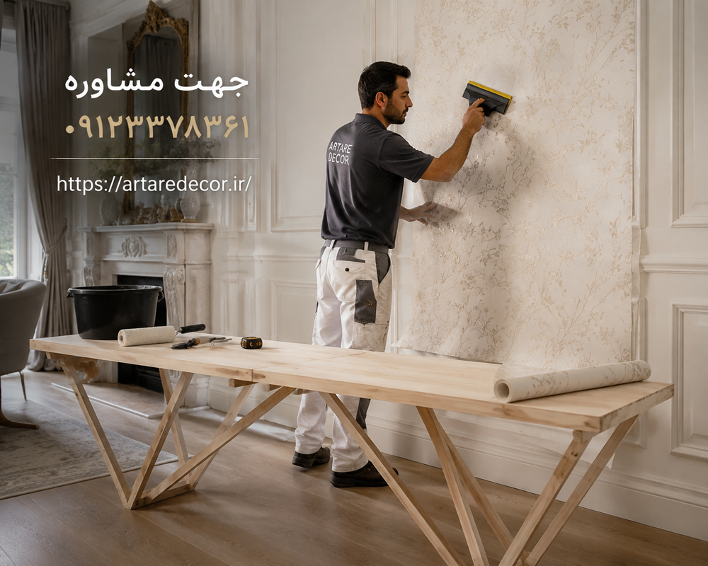 میز چوبی نصب کاغذدیواری عرض 60 سانتیمتر