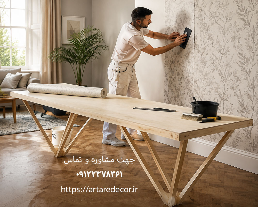 میز چوبی نصب کاغذ دیواری عرض 70 سانتیمتر